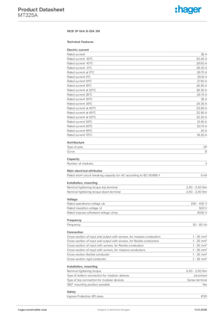 Image Hager Product data sheet MT325A  | Hager