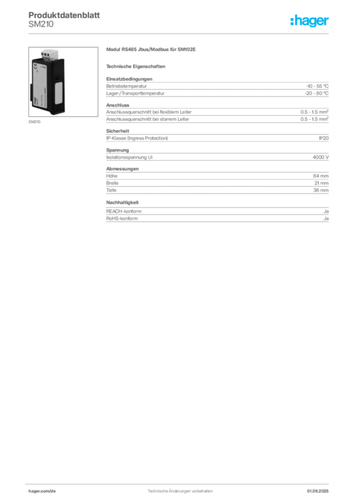 Hager Produktdatenblatt SM210