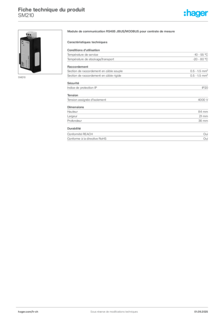 Image Hager Fiche technique du produit SM210 | Hager Suisse
