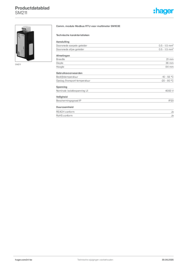 Afbeelding Hager Productdatablad SM211 | Hager Belgium