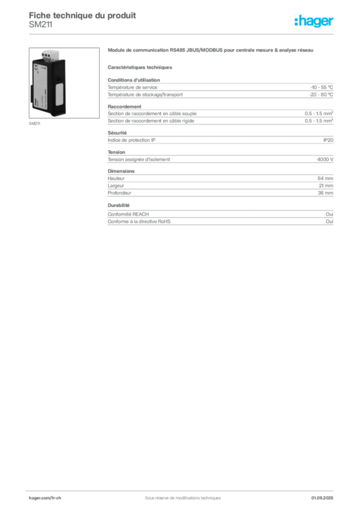 Image Hager Fiche technique du produit SM211 | Hager Suisse