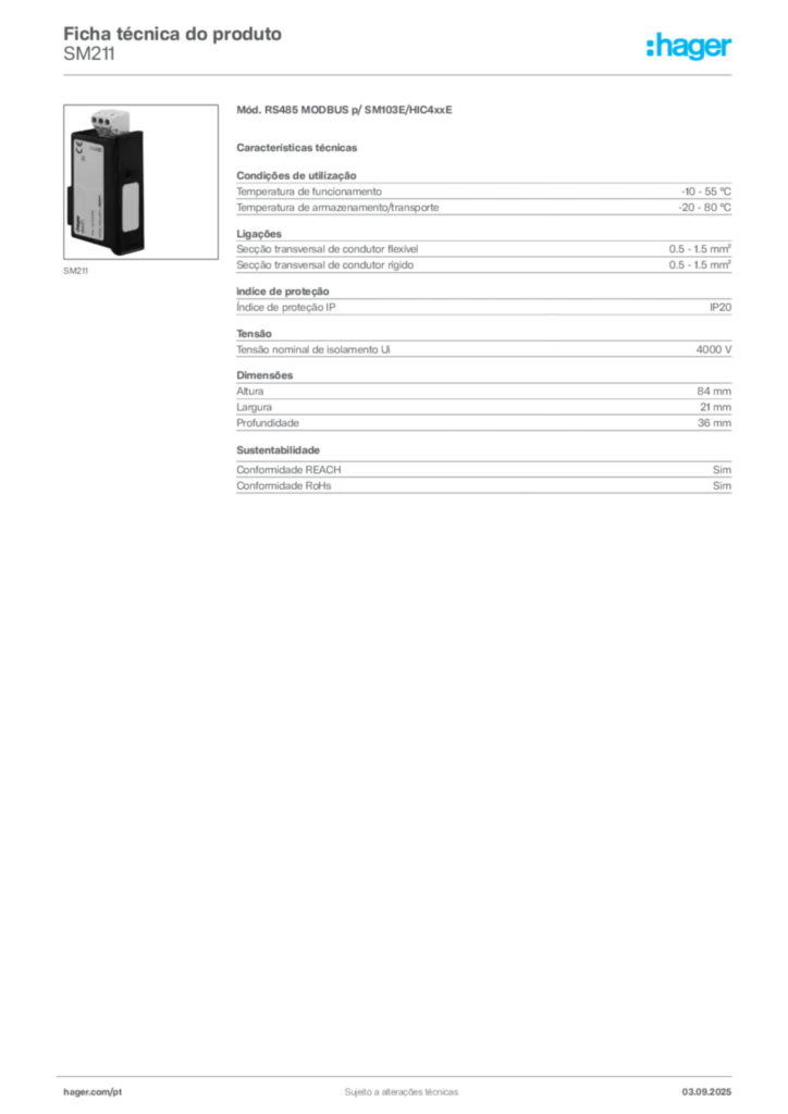 Imagem Hager Ficha técnica do produto SM211 | Hager Portugal