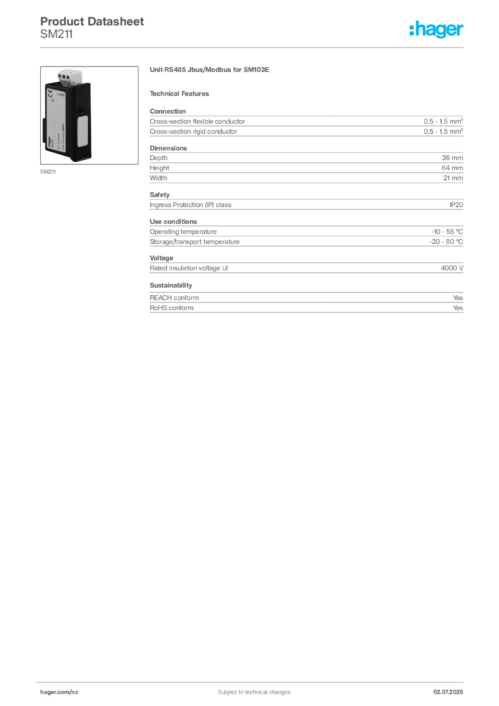 Image Hager Product data sheet SM211  | Hager New Zealand