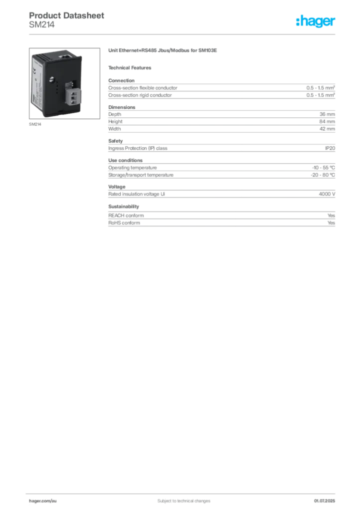 Image Hager Product data sheet SM214  | Hager Australia