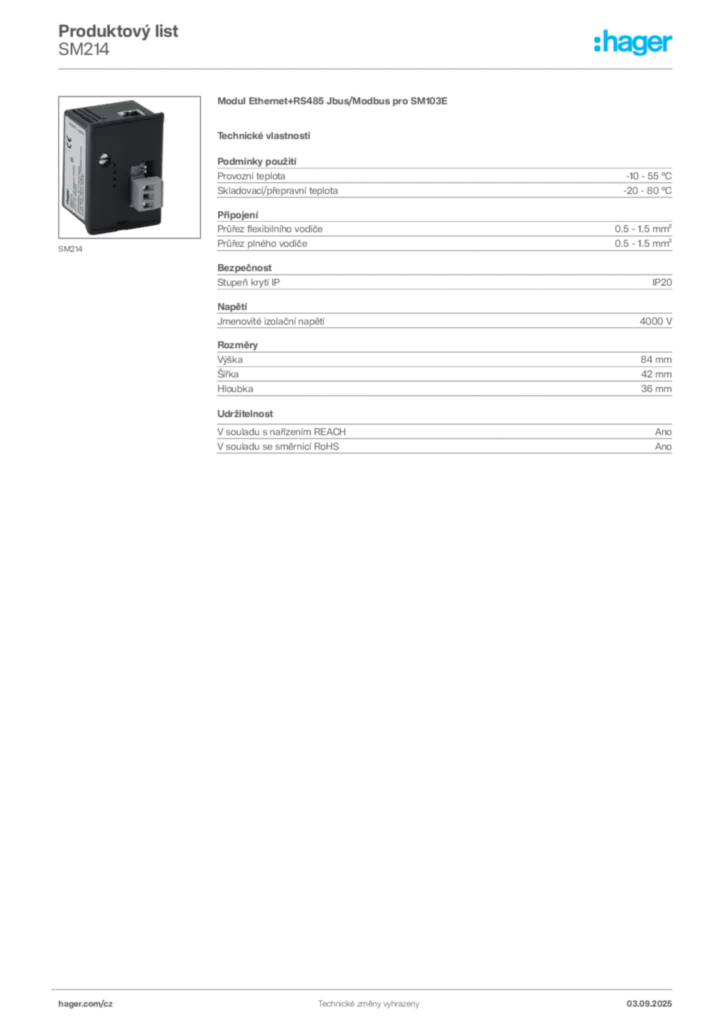 Obrázek Hager Produktový list SM214 | Hager