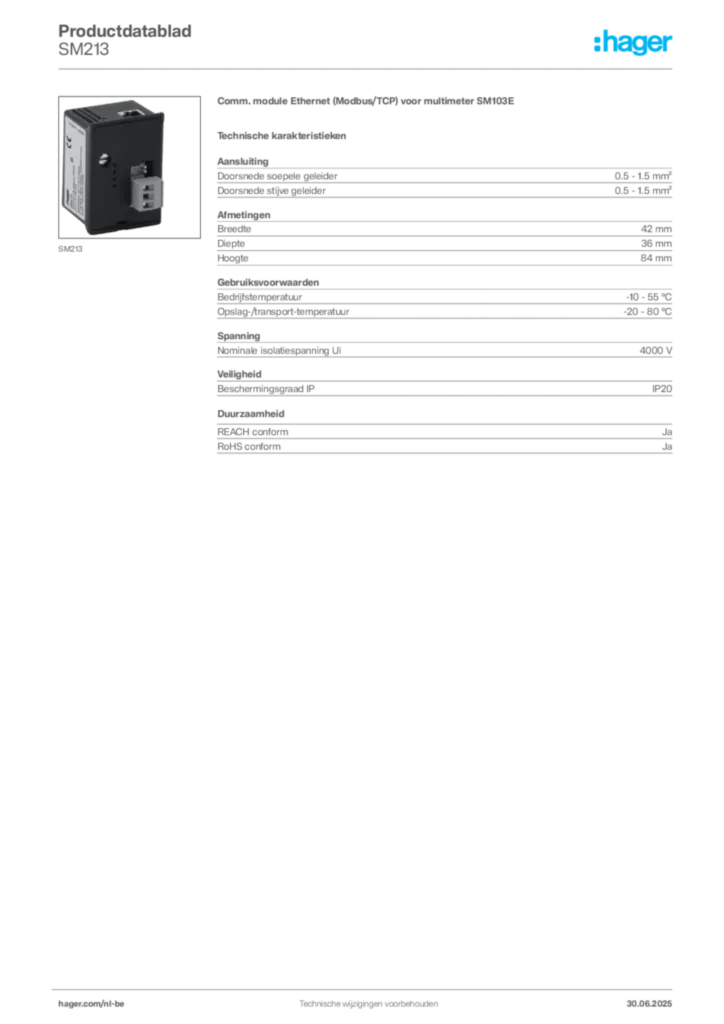 Afbeelding Hager Productdatablad SM213 | Hager Belgium