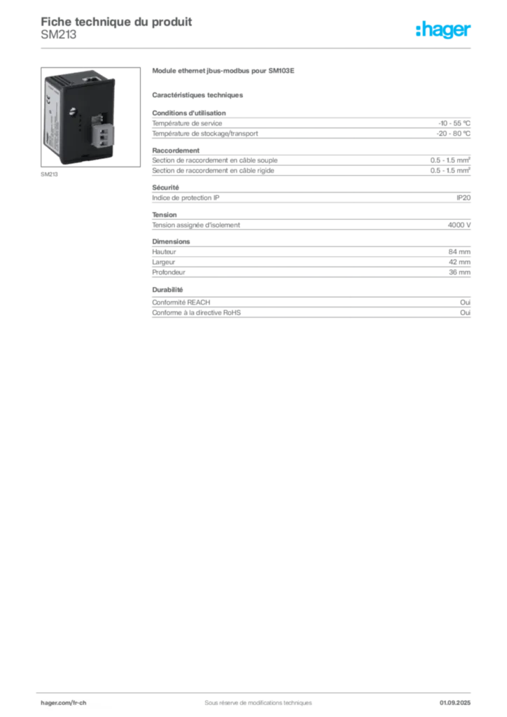 Image Hager Fiche technique du produit SM213 | Hager Suisse