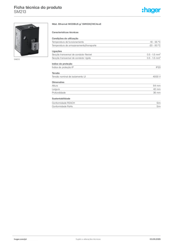 Imagem Hager Ficha técnica do produto SM213 | Hager Portugal