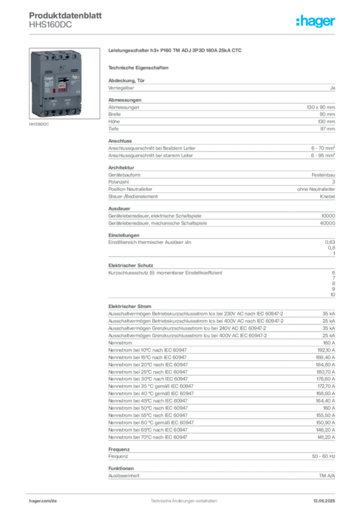 Bild Hager Produktdatenblatt HHS160DC | Hager Deutschland
