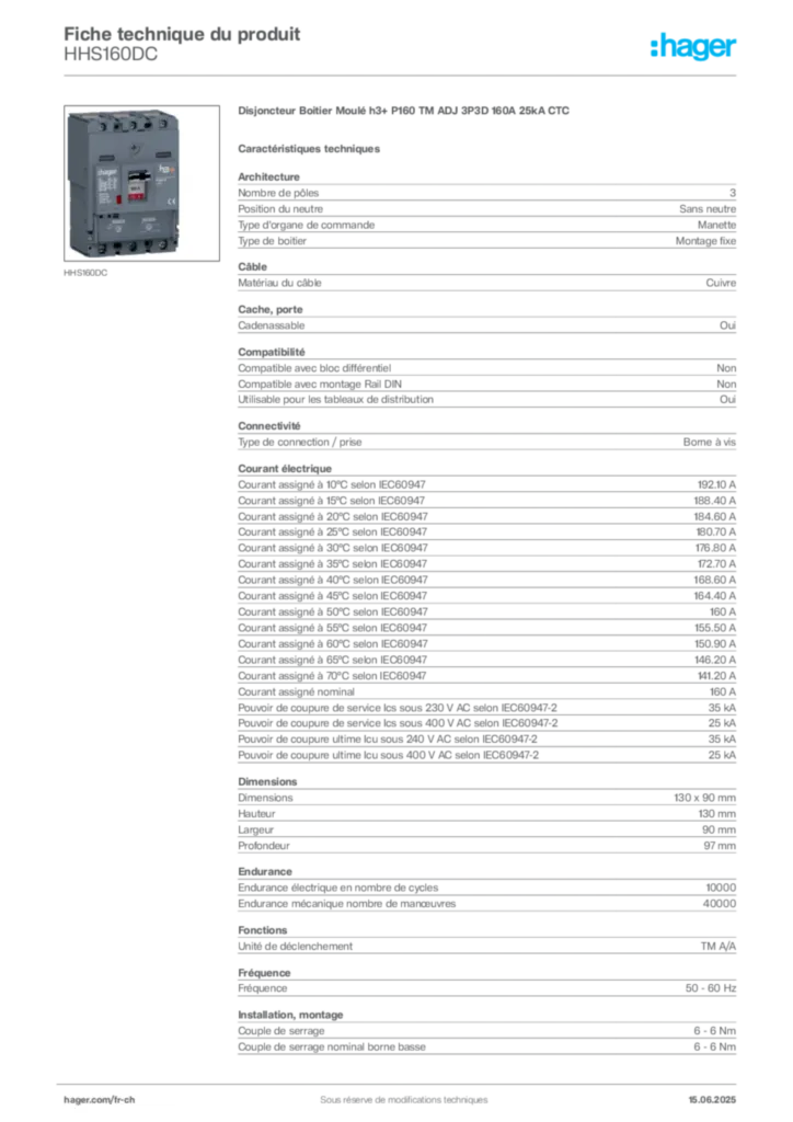 Image Hager Fiche technique du produit HHS160DC | Hager Suisse