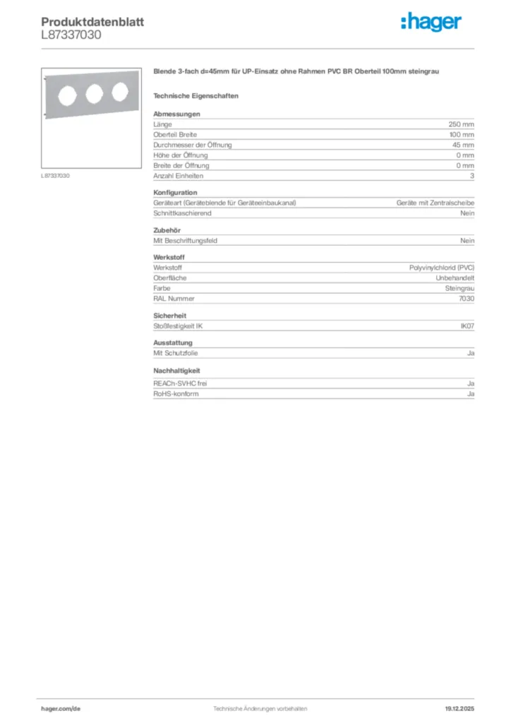Bild Hager Produktdatenblatt L87337030 | Hager Deutschland