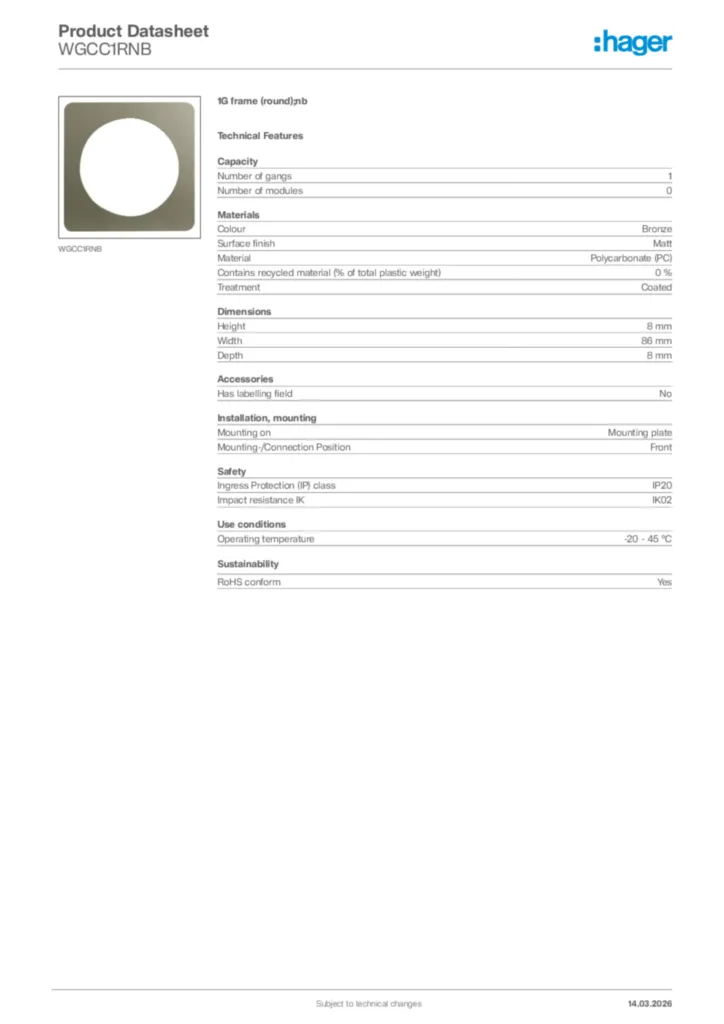 Image Hager Product data sheet WGCC1RNB  | Hager Africa