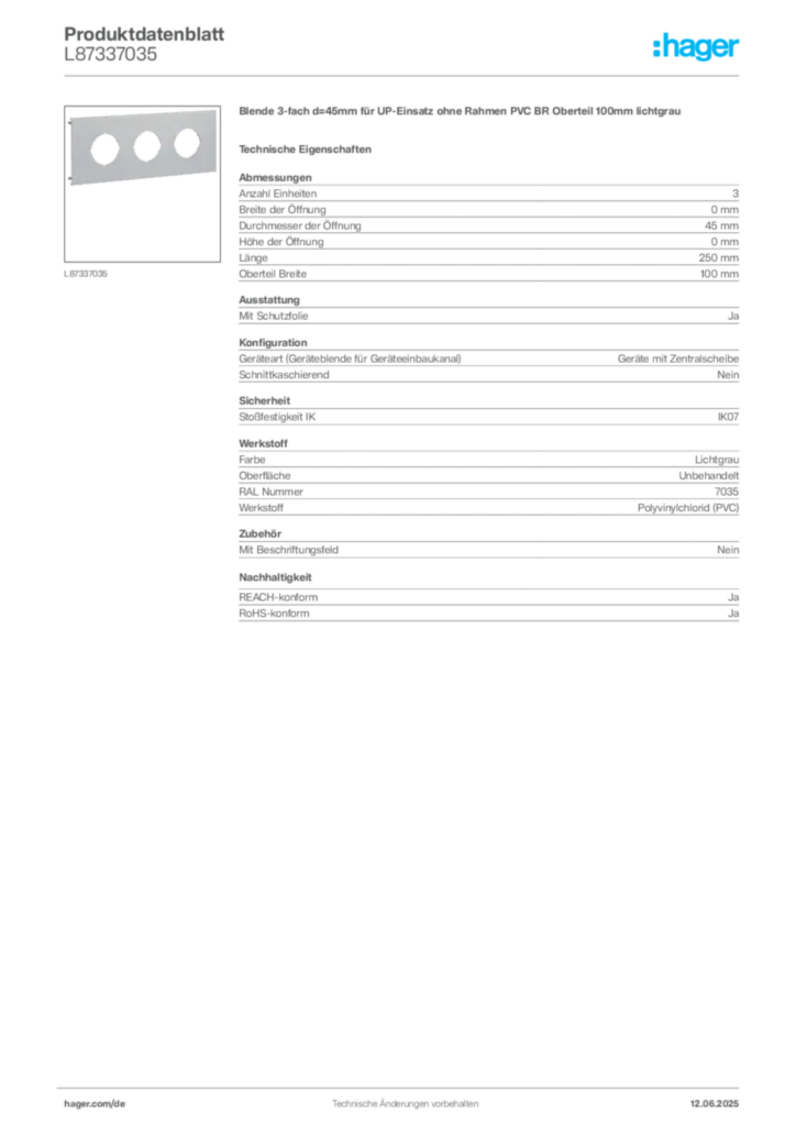 Hager Produktdatenblatt L87337035