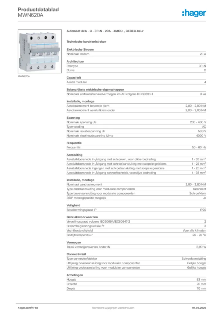 Afbeelding Hager Productdatablad MWN620A | Hager Belgium