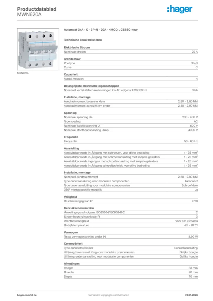Afbeelding Hager Productdatablad MWN620A | Hager Belgium
