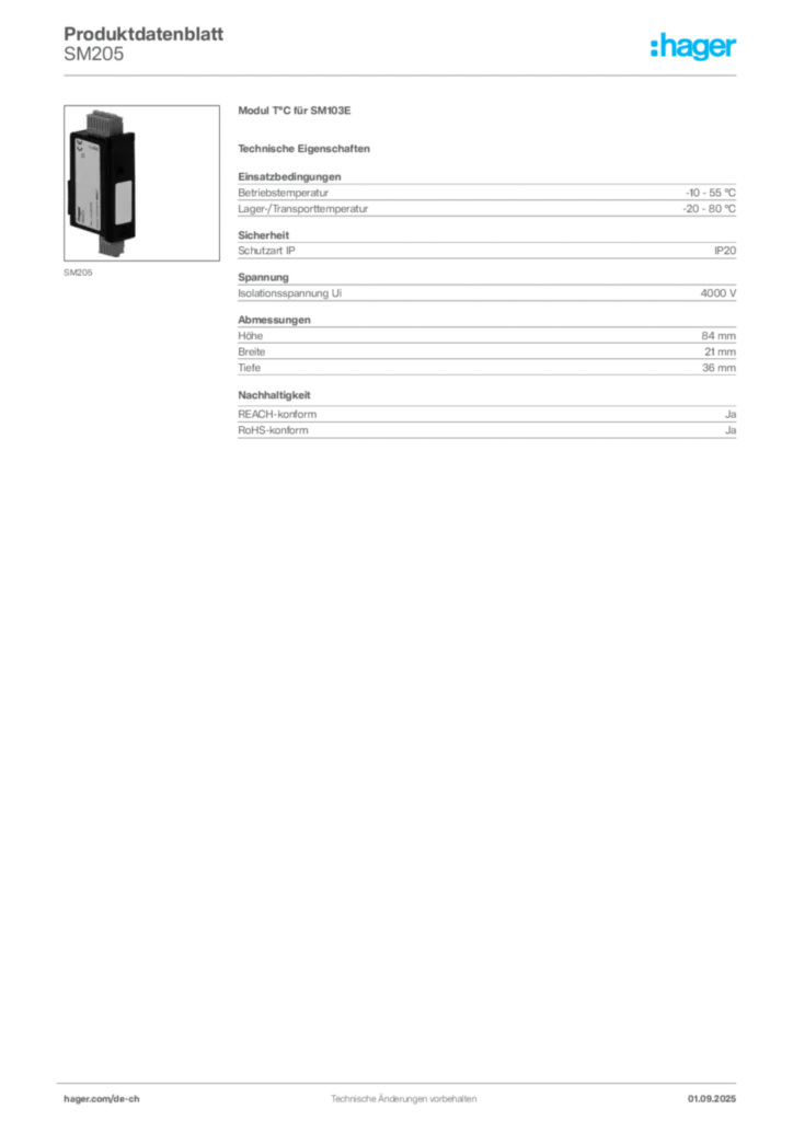 Bild Hager Produktdatenblatt SM205 | Hager Schweiz