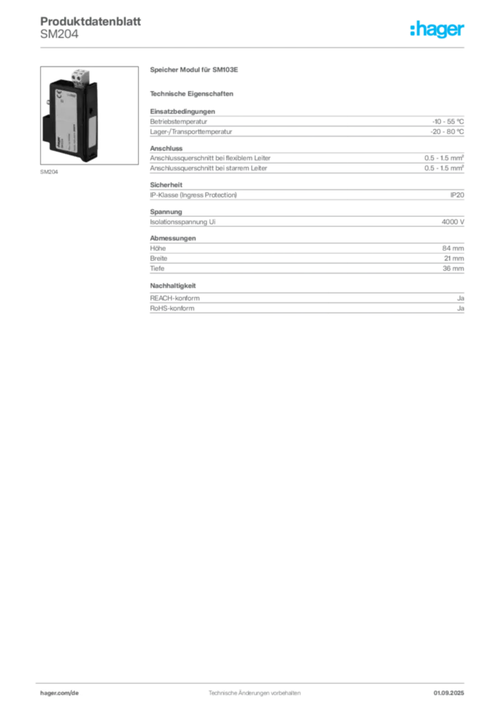Bild Hager Produktdatenblatt SM204 | Hager Deutschland
