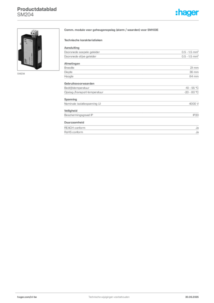 Afbeelding Hager Productdatablad SM204 | Hager Belgium