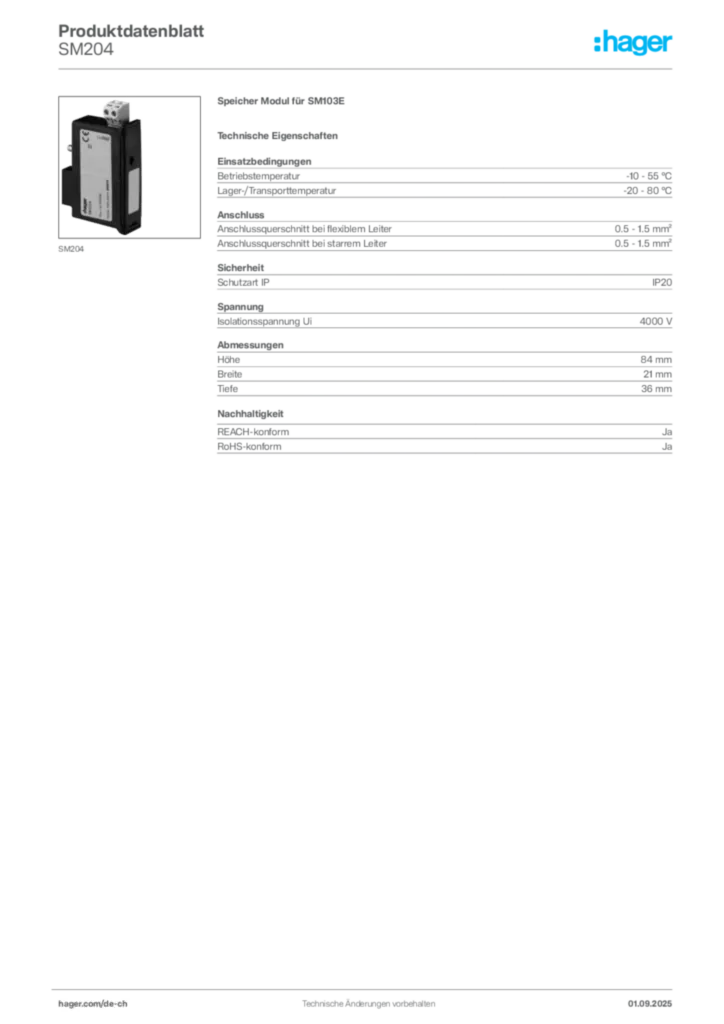 Bild Hager Produktdatenblatt SM204 | Hager Schweiz
