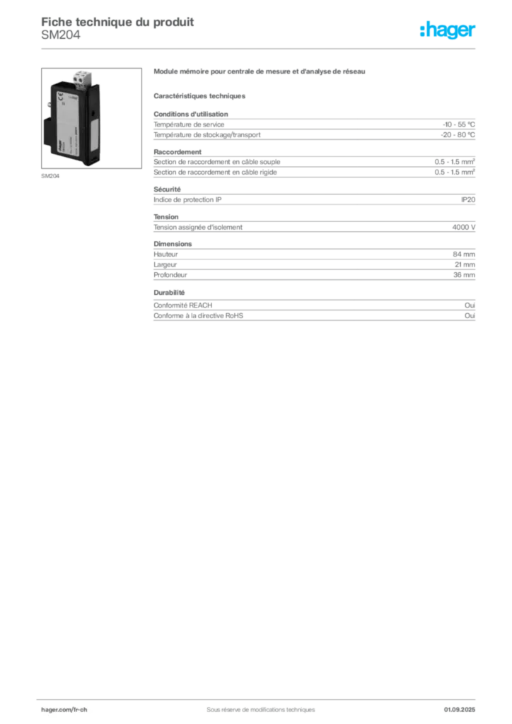 Image Hager Fiche technique du produit SM204 | Hager Suisse