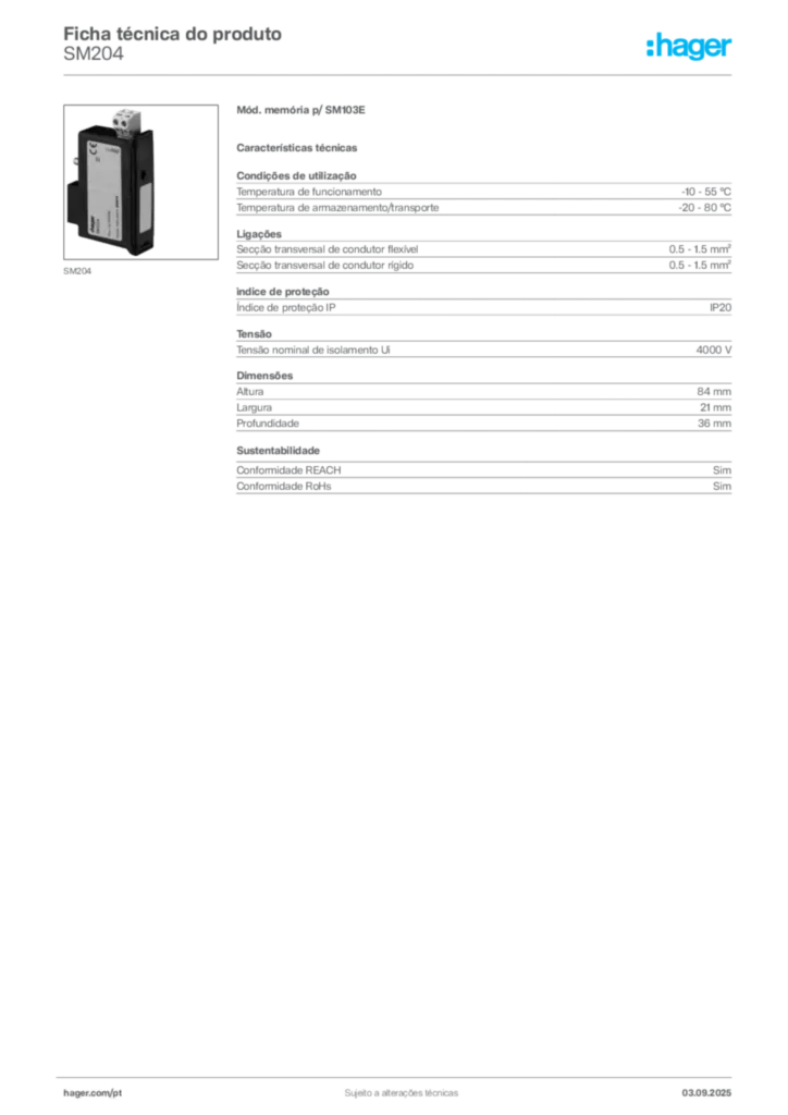 Imagem Hager Ficha técnica do produto SM204 | Hager Portugal