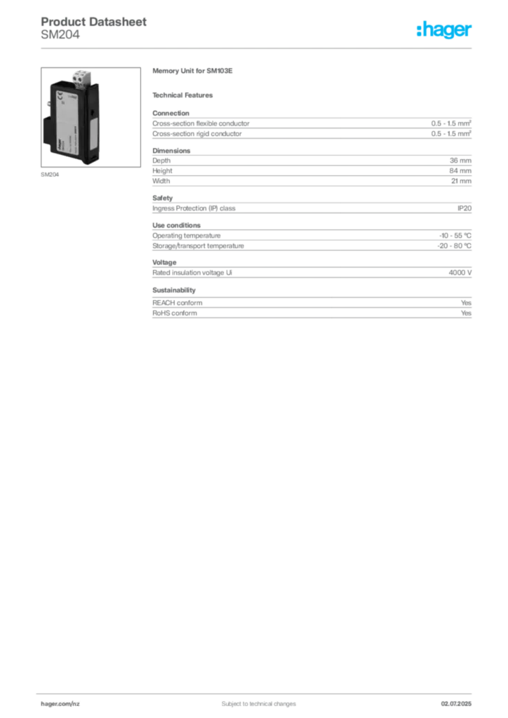 Image Hager Product data sheet SM204  | Hager New Zealand