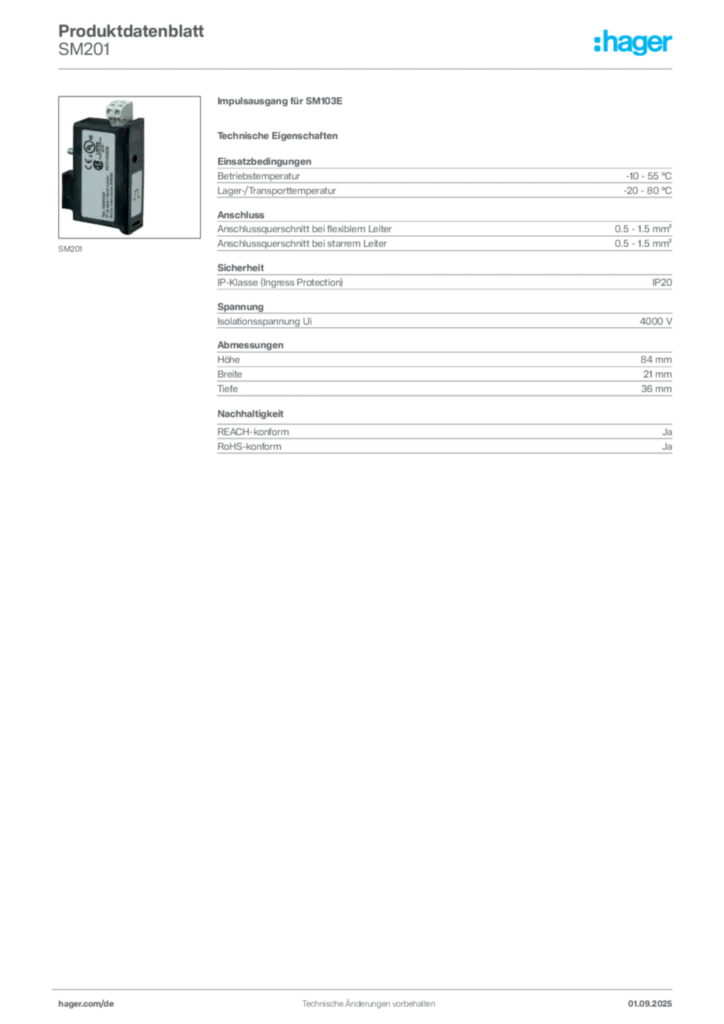 Bild Hager Produktdatenblatt SM201 | Hager Deutschland
