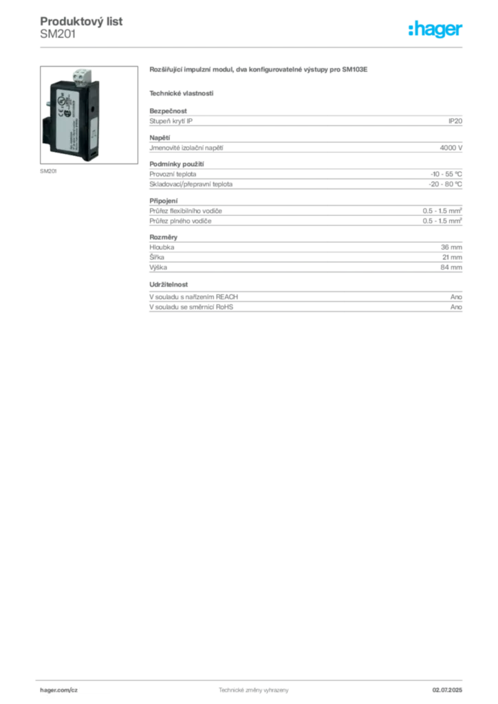 Obrázek Hager Produktový list SM201 | Hager