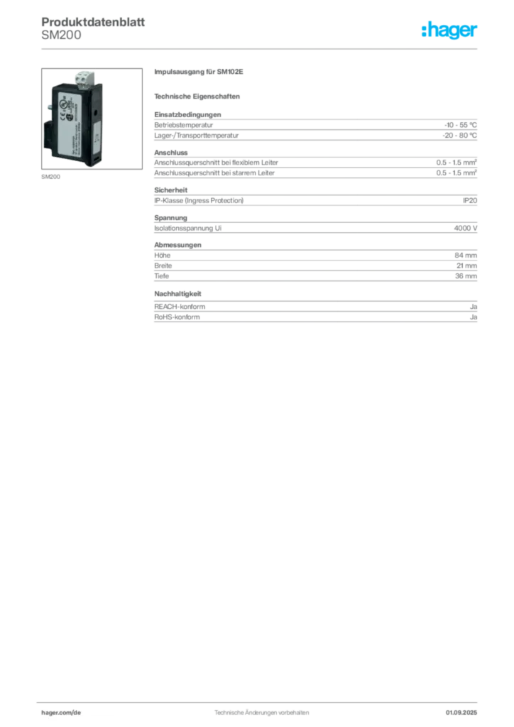Bild Hager Produktdatenblatt SM200 | Hager Deutschland