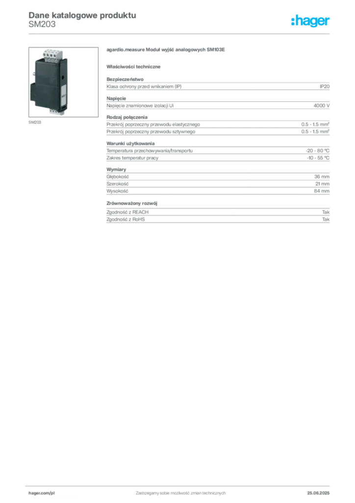 Zdjęcie Hager Karta katalogowa SM203 | Hager Polska