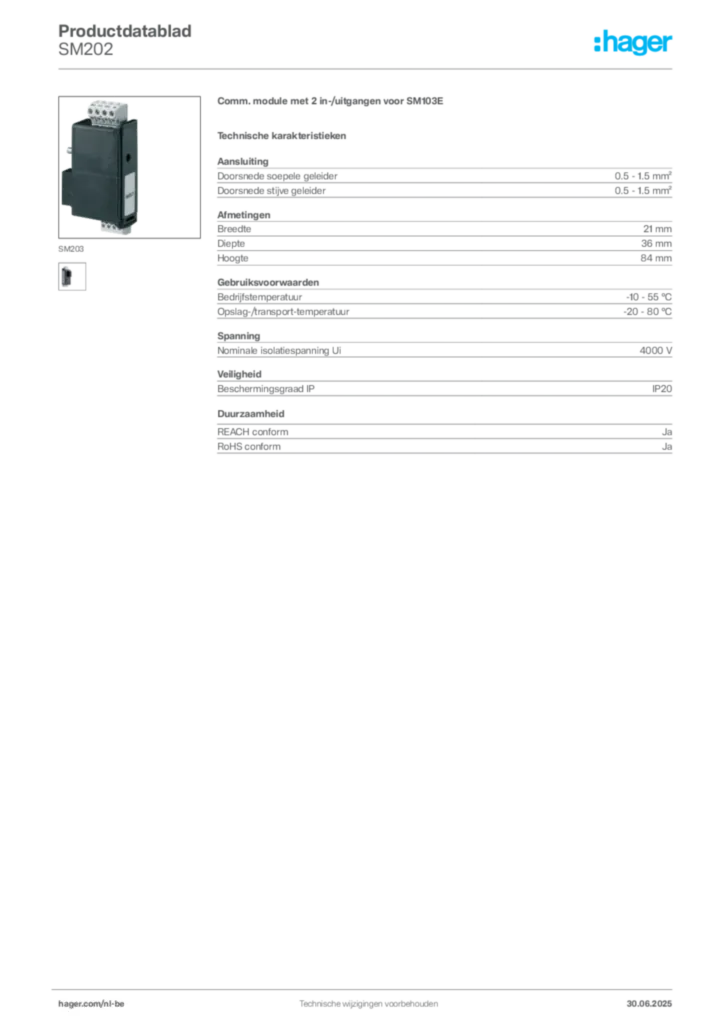 Afbeelding Hager Productdatablad SM202 | Hager Belgium
