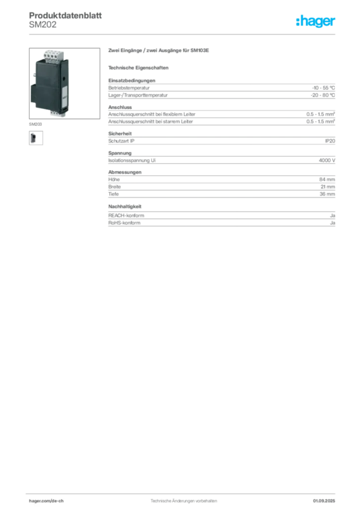 Bild Hager Produktdatenblatt SM202 | Hager Schweiz