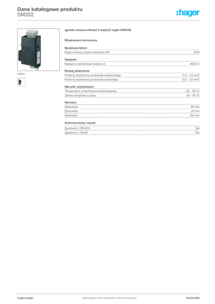 Zdjęcie Hager Karta katalogowa SM202 | Hager Polska