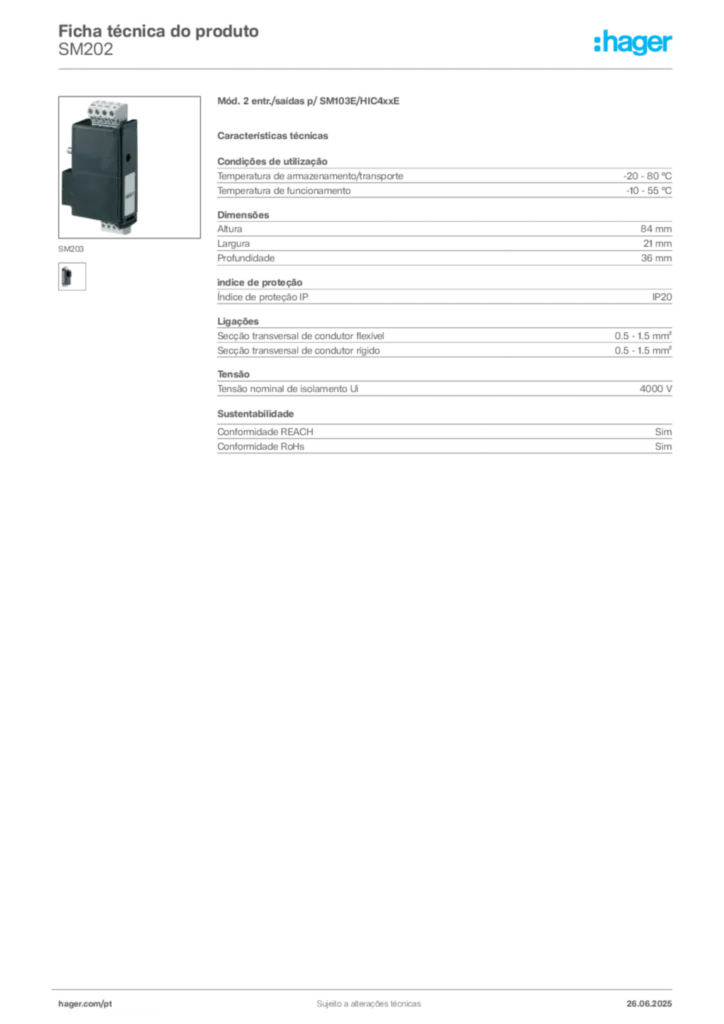 Imagem Hager Ficha técnica do produto SM202 | Hager Portugal
