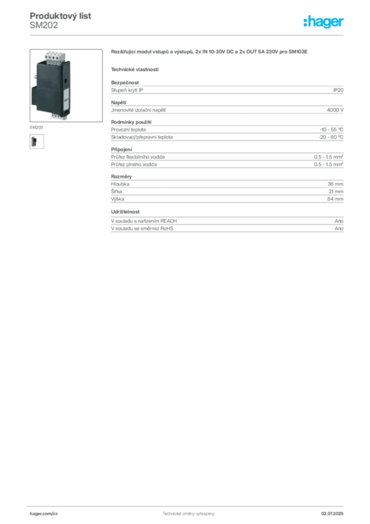Obrázek Hager Produktový list SM202 | Hager