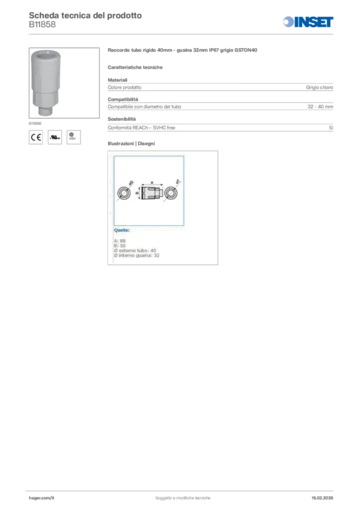 Immagine Inset Scheda tecnica del prodotto B11858 | Hager Italia