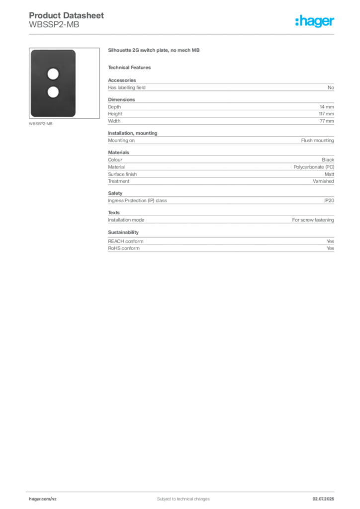 Image Hager Product data sheet WBSSP2-MB  | Hager New Zealand