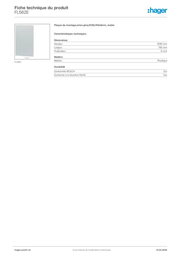 Image Hager Fiche technique du produit FL562E | Hager Suisse