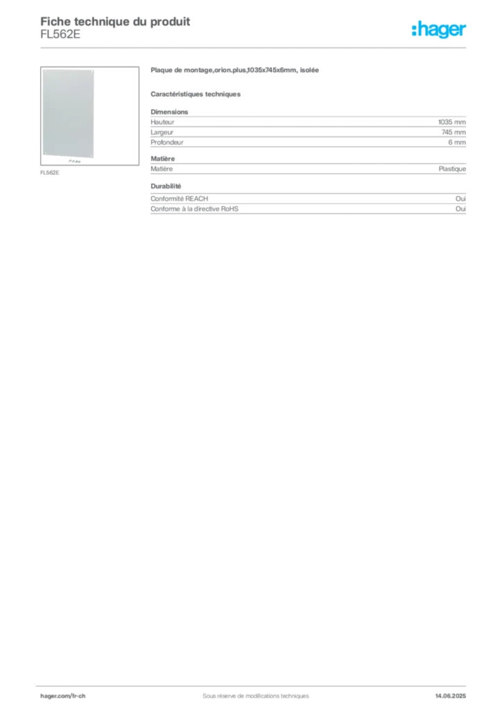 Image Hager Fiche technique du produit FL562E | Hager Suisse