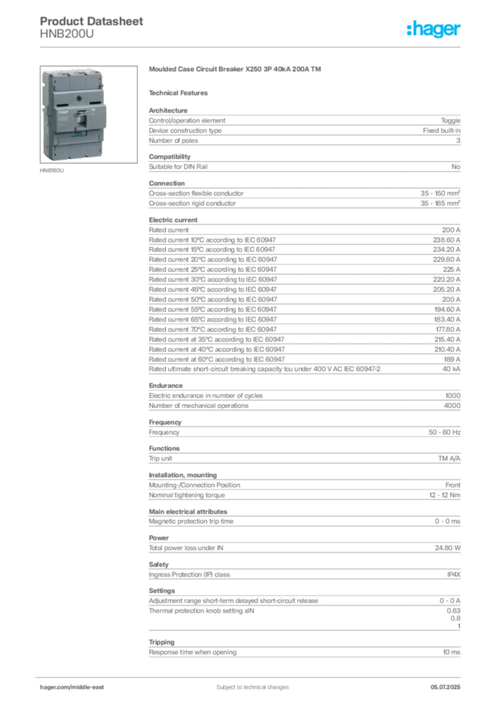 Image Hager Product data sheet HNB200U  | Hager