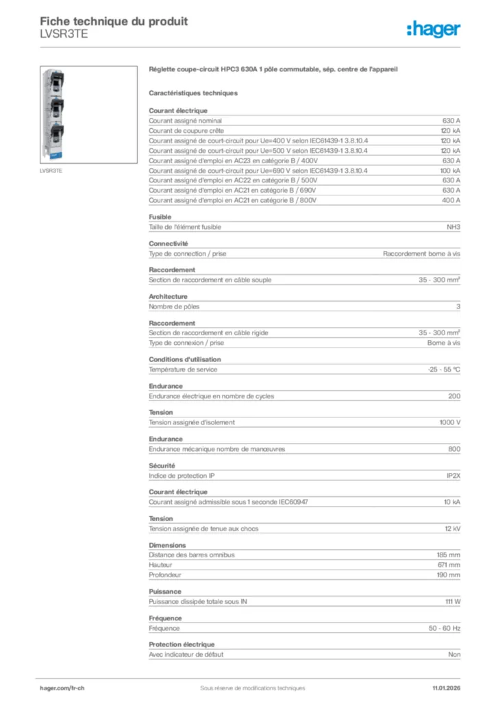 Image Hager Fiche technique du produit LVSR3TE | Hager Suisse