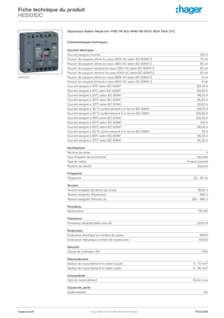 Image Hager Fiche technique du produit HES101DC | Hager France
