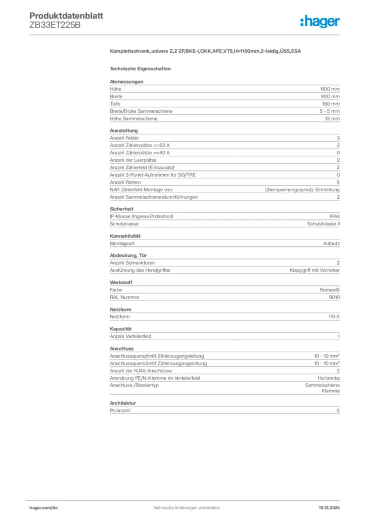 Bild Hager Produktdatenblatt ZB33ET225B | Hager Deutschland