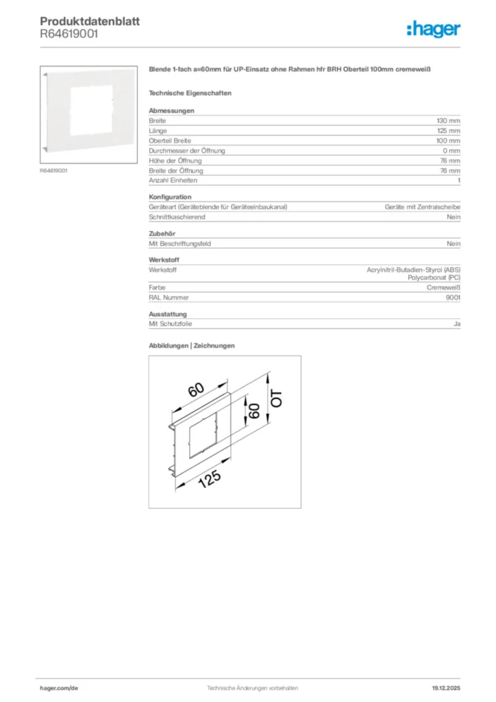 Bild Hager Produktdatenblatt R64619001 | Hager Deutschland