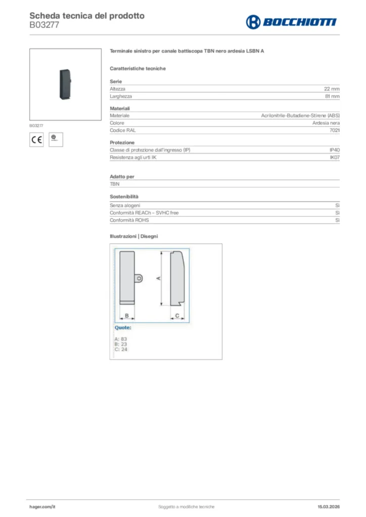 Immagine Bocchiotti Scheda tecnica del prodotto B03277 | Hager Italia