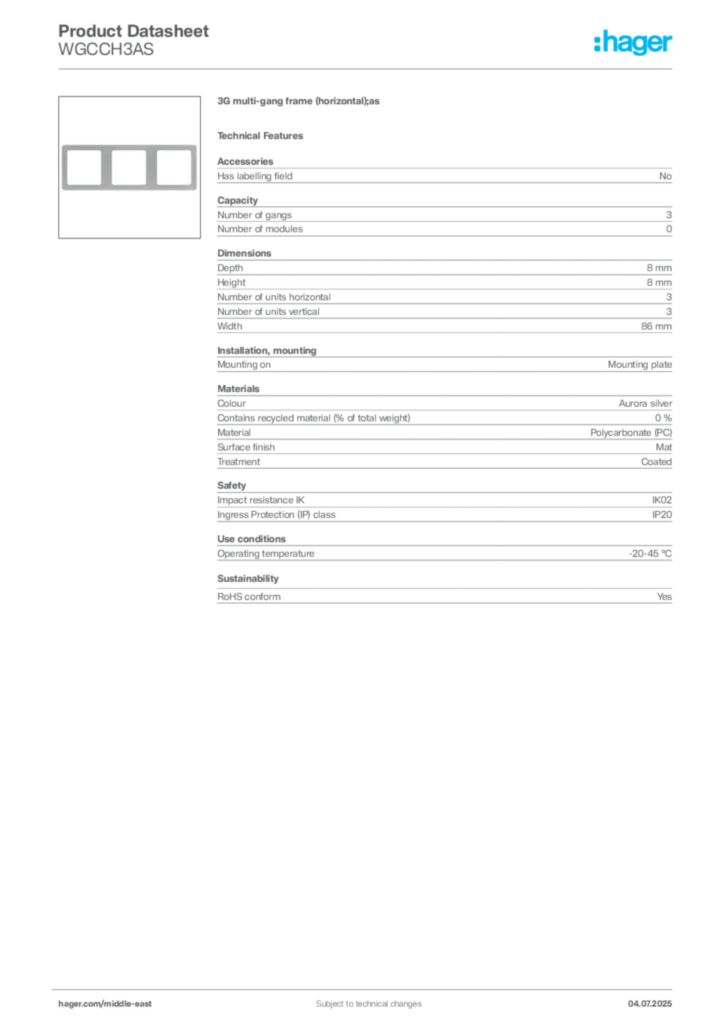Image Hager Product data sheet WGCCH3AS  | Hager