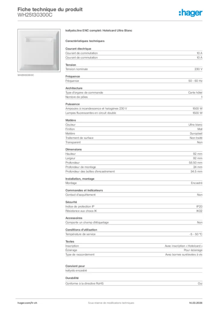 Image Hager Fiche technique du produit WH25130300C | Hager Suisse