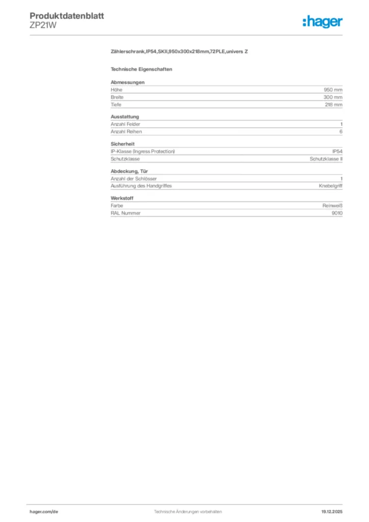Bild Hager Produktdatenblatt ZP21W | Hager Deutschland