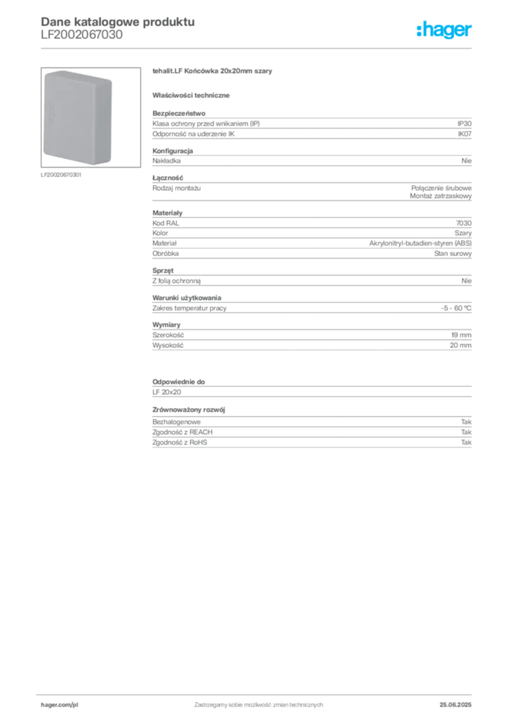 Zdjęcie Hager Karta katalogowa LF2002067030 | Hager Polska