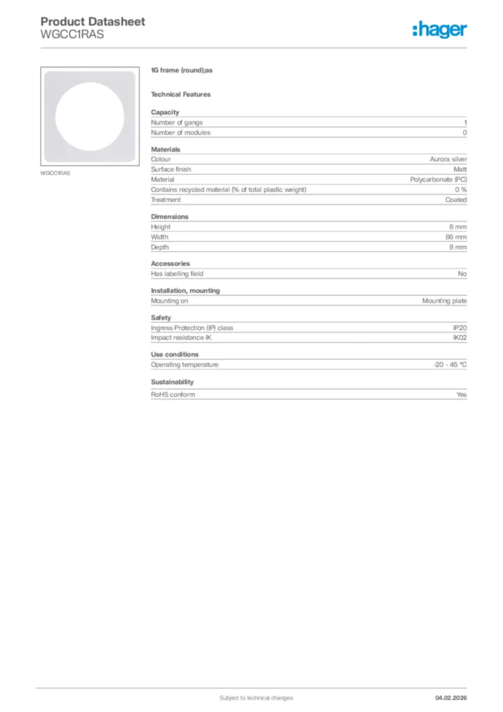 Image Hager Product data sheet WGCC1RAS  | Hager Africa